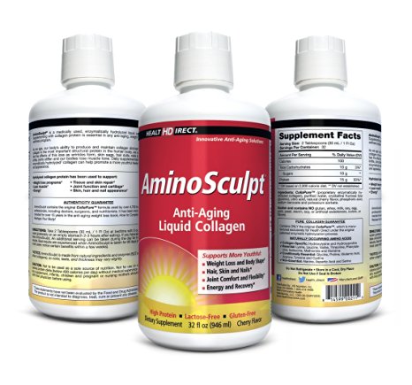 AminoSculpt Original Type 1 Liquid Collagen Peptides (Natural Cherry, 32 Fl Oz, 15,000 mg Strength) from Health Direct