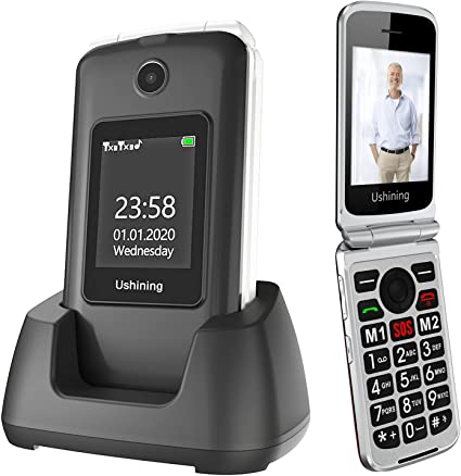 Ushining 3G Unlocked Senior Flip Phone Dual Screen T Mobile Flip Phone Unlocked SOS Big Button Large Volume Basic Cell Phone with Charging Cradle for Seniors(Black)