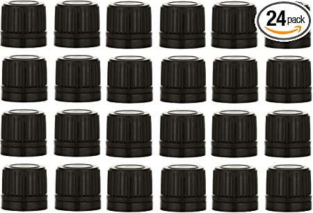 Nakpunar 24 pcs 18mm Black Tamper Evident Caps w/Orifice Reducing Euro Droppers - For essential Oils - Black