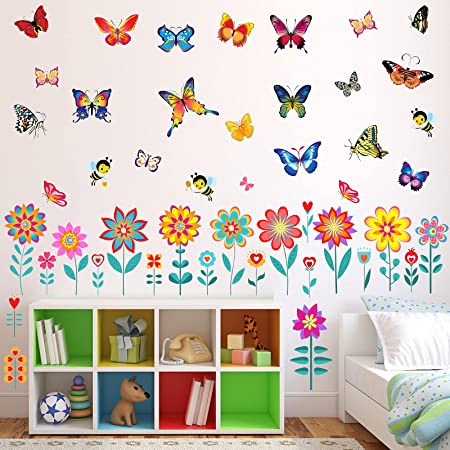 Spring Garden Flower Wall Decals Colorful Butterfly Bee Wall Sticker Art Peel and Stick Spring Vinyl Floral Wall Decal Stickers for Kids Room Nursery Bedroom Bathroom Living Room Classroom Decoration