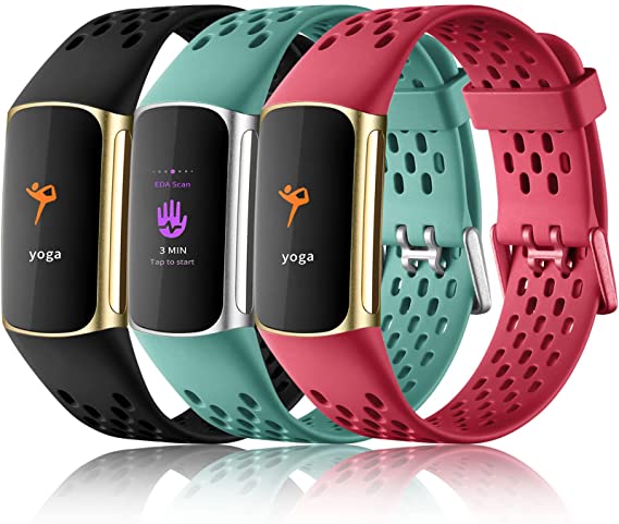 Maledan Compatible with Fitbit Charge 5 Bands Women Men - Breathable Sport Band Soft Waterproof Replacement Wristbands Strap for Fitbit Charge 5 Advanced Fitness Tracker, 3 Pack