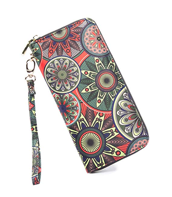 LOVEME Women Bohemian Style Double Zipper Clutch Wallets Bag Card Holder Wristlets