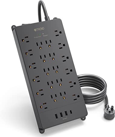 Power Strip Extension Cord 10FT - TROND 4000J Surge Protector with 22 Outlets and 3 USB-A Ports & 1 USB-C Charger, Wall Mountable Flat Plug, 1875W/15A, for Work from Home Office TV Under Desk Black