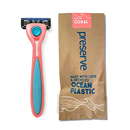 Preserve POPi Shave 5 Razor System Made with recycled Ocean Plastic, Coral Pink