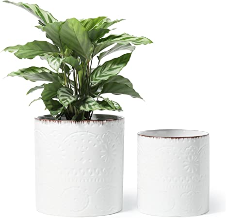 Ceramic Plant Pots - POTEY 6 and 5 Inch Outdoor Indoor Flower Pot with Drainage Holes and Plugs - 804, Set of 2, White