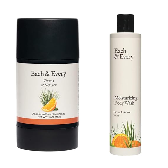 Each & Every All Natural Deodorant & Shower Gel - Travel Size Aluminum Free Deodorant & Sensitive Skin Body Wash for Women and Men - Citrus & Vetiver - All In Sustainable Packaging (2 Pack)