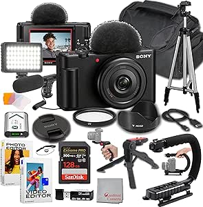 Sony ZV-1F Content Creator's Ultimate Kit: 128GB Extreme Memory, Mic, Video Light, Editing Software U-Grip, and Tripod Bundle (21pc)