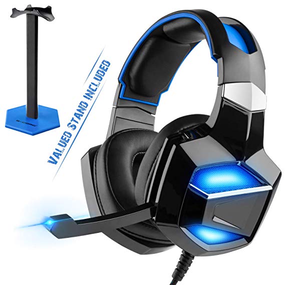 Professional Acoustic Tuning, Graphene Composite Membrane Gaming Headset with Stand, G-Cord USB Digital 7.1 Surround Sound Over-Ear LED Headphones with Noise Cancelling Microphone for PS4 PC Laptop