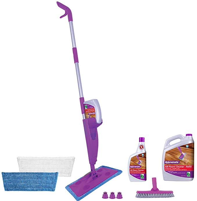 Rejuvenate Click N Clean Multi-Surface Spray Mop System Complete Bundle Includes Click-On Grout Brush 2 x Reusable Microfiber Pads 1 x 32oz No-Bucket Floor Cleaner & 1 Gallon Floor Cleaner