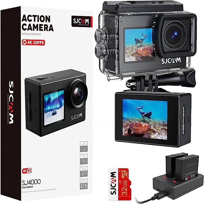 SJCAM Upgraded SJ4000 Action Camera 4K Ultra HD Dual Screen Underwater Camera 98FT Waterproof, 170° Wide Angle, Stabilization, 5X Zoom, WiFi Camera with Extra Battery, SD Card, Helmet Accessories Kit