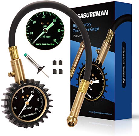 Measureman 2" Dial Tire Pressure Gauge, Tire Tread Depth Gauge Test Kit - 60 PSI, Pressure Hold and Release, 360 Degree Swivel, Flexible Hose,Glow-in-Dark Reading