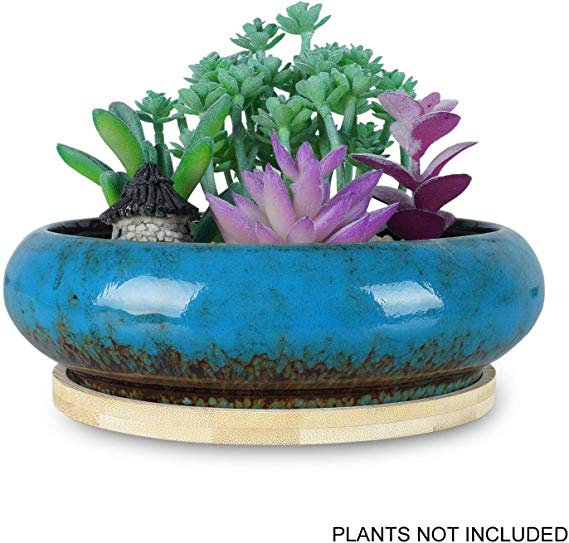 7.3 inch Round Succulent Planter Pots with Drainage Hole Bonsai Pots Garden Decorative Cactus Stand Ceramic Glazed Flower Container Blue, with Bamboo Tray