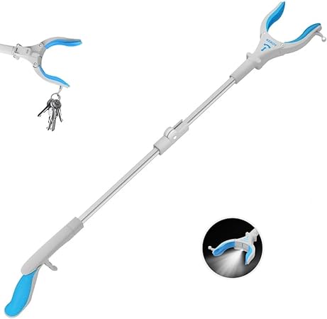 Kekoy 32'' Reacher Grabber Tool, Reachers for Disabled & Seniors Heavy Duty with LED Light, Foldable Reacher Grabber Pickup Tool, Magnetic Tip Arm Extension Trash Claw Grabber Tools (Grey Blue)