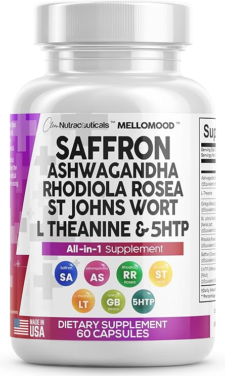 Clean Saffron Supplements with Ashwagandha 8000mg - Mood Support with L-Theanine 200mg, Ginkgo Biloba 6000mg, St. John's Wort 6000mg, Rhodiola Rosea 3000mg & 5-HTP 500mg - Saffron Pills Capsules USA