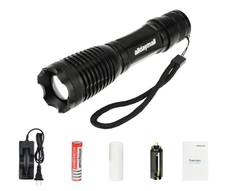 Alldaymall F-927 10w 600 Lumen Flashlight White Light Adjustable Focus Zoom Cree Xm-l T6 LED Lampe Outdoor Tactical Light Lamp Handheld Flashlights Rechargable 18650 Battery and Charger Included Black Case