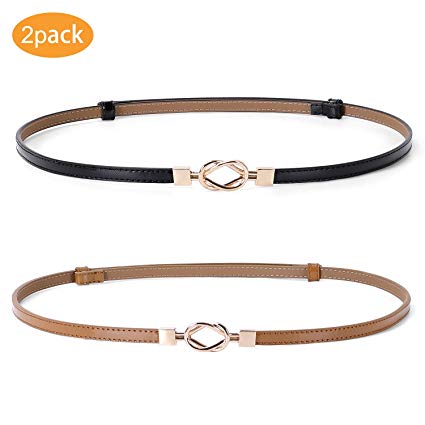 Leather Skinny Women Belt Thin Waist Belts for Dresses Up to 37" with Interlocking Buckle 2 Pack