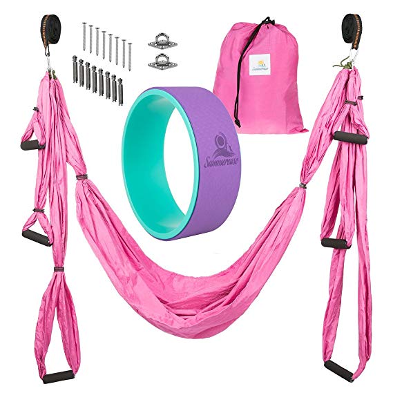 Summerease Yoga Swing/Hammock and Yoga Wheel Set: Antigravity trapeze includes 2 hanging straps and hardware. Bonus 12X5 Dharma Wheel, Perfect for Inversion and Flexibility