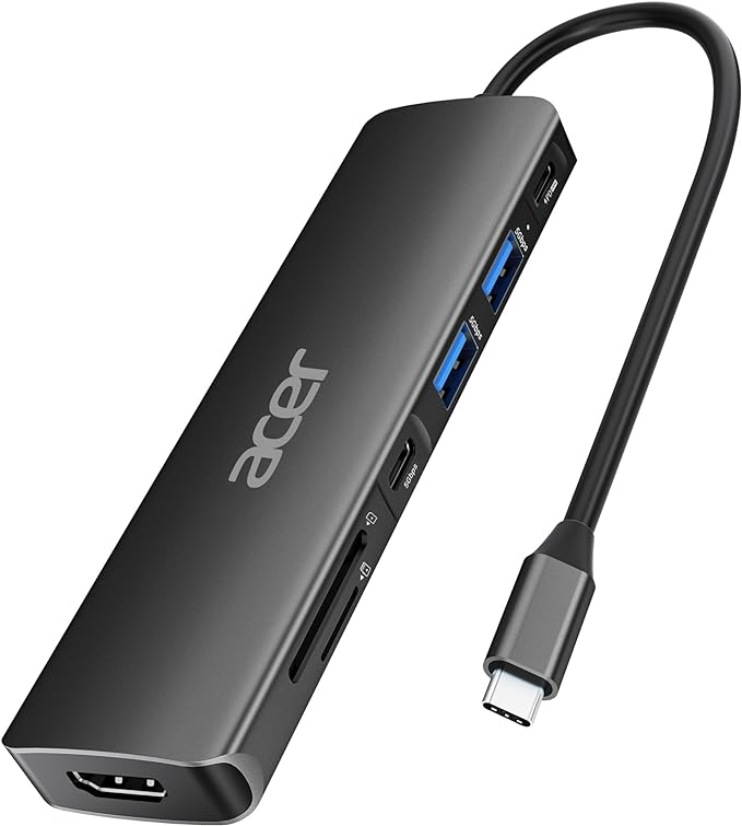 Acer USB C Hub, 7 in 1 USB C to HDMI Dock, 2 USB 3.1 GEN1 and 5Gbps Type-C Data Port, 4K HDMI Port, PD 100W Charging, SD Card Reader, for iPad Pro MacBook Pro Acer Laptops and More (Black)