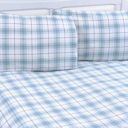 Mellanni 100% Cotton 1 Piece Printed Flannel Fitted Sheet - Deep Pocket - Warm - Super Soft - Breathable Bedding (Full, Plaid Blue)