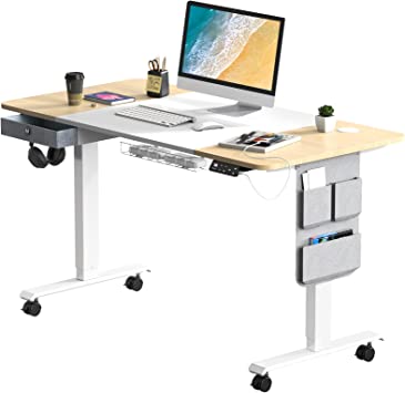 Maidesite Standing Desk Adjustable Height, 48 Inch Stand Up Desk, Electric Sit Stand Desk with Caster Wheels, Drawer and Cable Management Tray for Home Office, Oak White Desktop