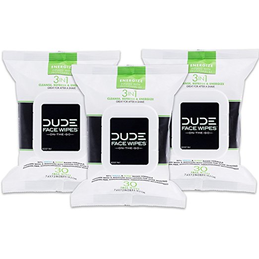 DUDE Face Wipes, Energizing & Refreshing Scent, Infused with Pro Vitamin B-5 (3 Packs, 30 Wipes per Pack)