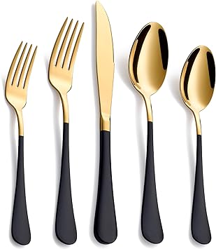 Moxinox 20-Piece Black & Gold Silverware Set, 18/0 Stainless Steel Colorful Handle Flatware Set, Service for 4, Modern Cutlery Set Includes Dinner Knives Forks Spoons, Mirror Polished, Dishwasher Safe