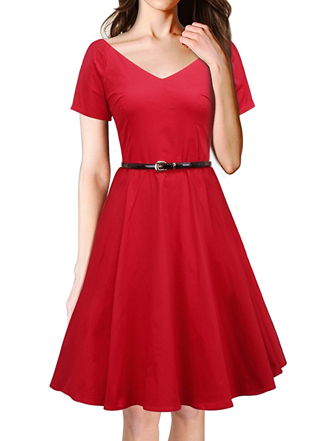 LUOUSE Women's Vintage 1950s V-neck Dress With Belt Short Sleeve Swing Rockabilly Gown Party Dress
