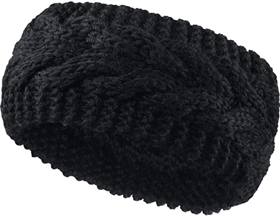 Winter Headband Wool Cable Knit Headband Hair Wrap Ear Warmer for Women (Black)