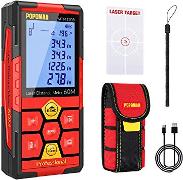 POPOMAN Laser Measure,Lithium Battery with USB Charging,196Ft Laser Distance Meters M/In/Ft with Electronic Angle Sensor,Pythagorean Mode,Measure Distance, Area and Volume-Red