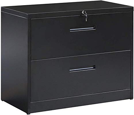Hooseng Lockable Heavy Duty Lateral Metal File Cabinet (Black, 2 Drawer)