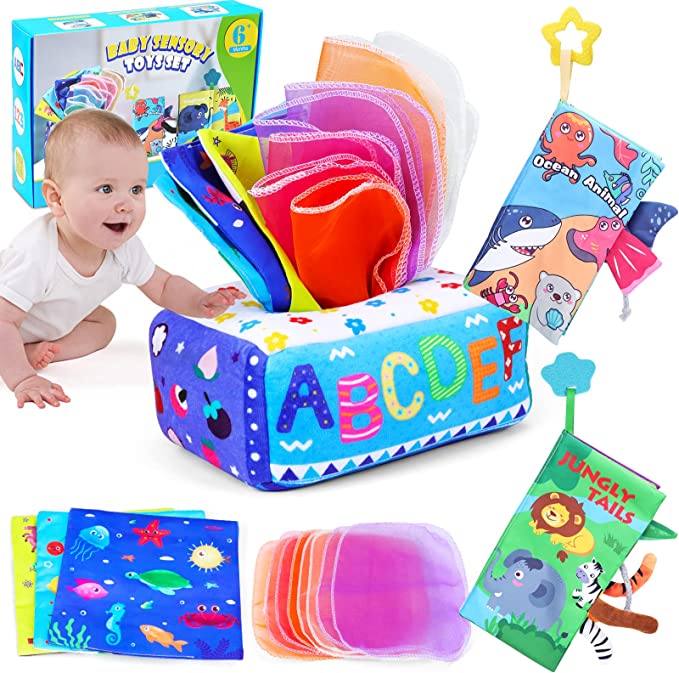AROIC Baby Tissue Box and Soft Clothes Books, Sensory Pull Along Toddler Infant Baby Tissue Box Toy, Touch and Feel Crinkle Tail Books Set, Learning Toy for 0-6-18 Months Baby Infant Gift (Set of 3)