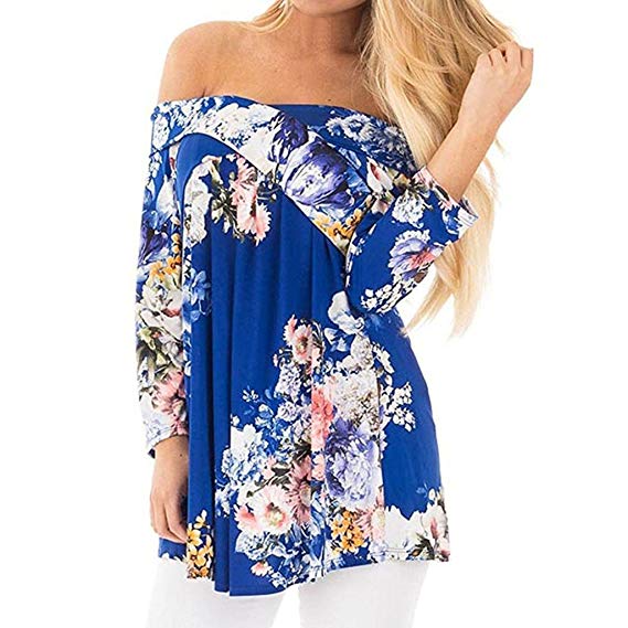 Hot Sale!! ZOMUSA Women's Off Shoulder Flower Print Long Sleeve Loose Casual Blouse