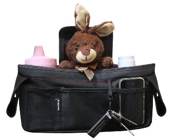 Stroller Organizer Bag by Bugamee; Two Insulated Cup Holders, BPA-free, Universal Fit, Large Capacity, Phone and Key Holder Accessories; Easy to Attach, Wipe Clean; Makes a Great Baby Shower Gift!