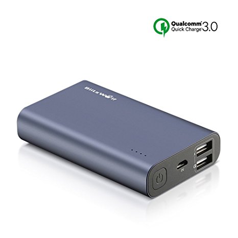 Qualcomm Quick Charge 3.0 Portable Charger, BlitzWolf 10000mAh Dual USB Compact Power Bank Back Support QC2.0 with Apple Fast Charge Tech for Samsung Galaxy S7 Edge, LG G5, HTC 10, SONY, Nexus