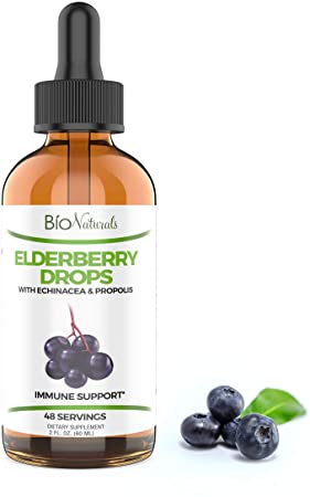 Elderberry Liquid Drops with Echinacea & Propolis - Great Tasting, Immune Support for Adults & Kids - Relief for Cold & Flu Symptoms - Gluten-Free, Vegan - 2 lf oz (48 Servings)