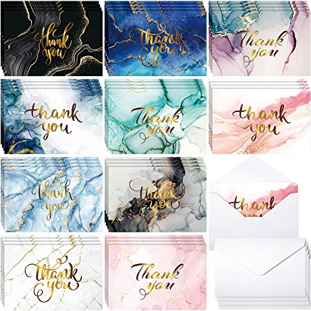 40 Pieces Marble Thank Cards with Envelopes, Thanks Greeting Cards,10 Assorted Colorful Designs, Assorted Blank Note Cards for Wedding Bridal Shower Birthday Party, 4 x 6 Inches