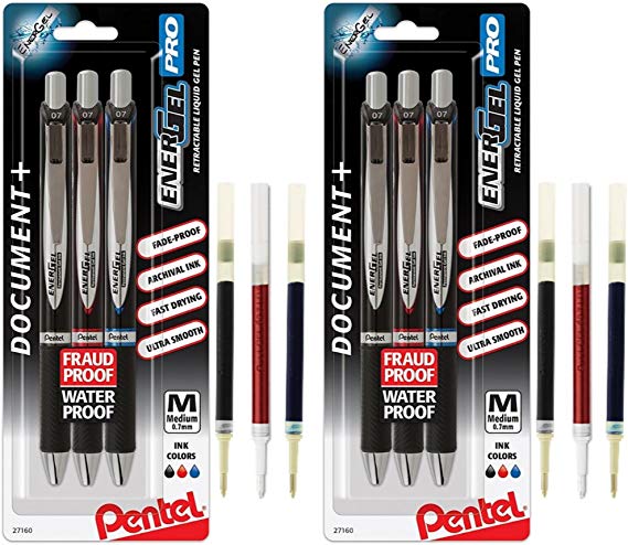 EnerGel Permanent Gel Ink Rollerball Pen, Assorted, 6 Pack (BLP77BP3M) with 3 Black/3 Red/3 Blue ink Refills