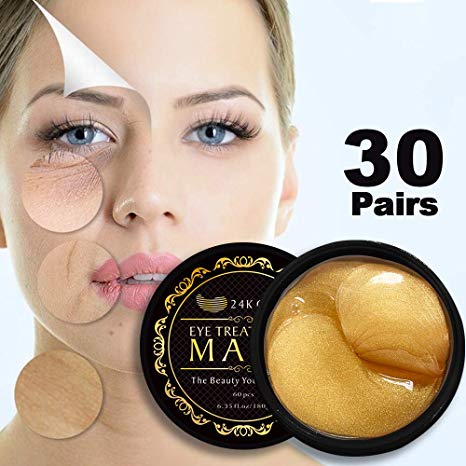24K Gold Eye Treatment Masks Under Eye Pads Under Eye Bag Collagen Eye Mask for Anti Aging, Under Eye Dark Circles &Puffiness, Under Eye Patches for Anti Wrinkle, Moisturising, Whitening - 60pcs