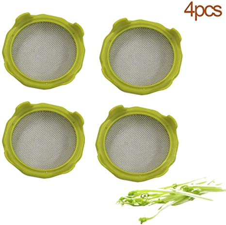 Sprouting Lids with Stainless Steel Screen，for Wide Mouth Mason Jars Grow Bean Sprouts，Alfalfa ，Salad Sprouts，Broccoli etc（4pcs）