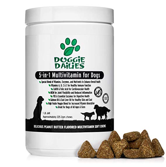 Doggie Dailies 5-in-1 Multivitamin for Dogs: 225 Soft Chews, Palm Oil Free Dog Multivitamin for Healthy Skin & Coat, Strong Joints, Improved Digestion, Heart Health & Enhanced Immunity, Made in USA