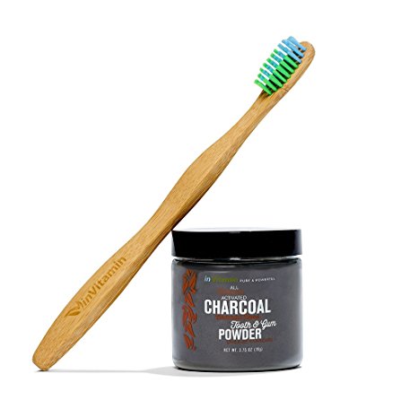 Natural Whitening Tooth & Gum Powder with Activated Charcoal, Cinnamint,   WooBamboo Toothbrush