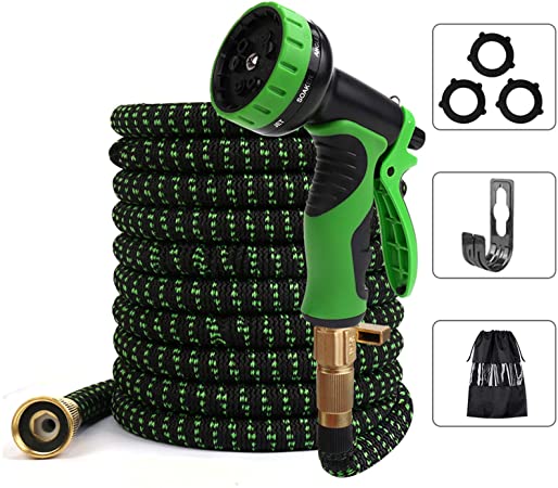 Freehawk Expandable Garden Hose, Flexible Water Hose with Hanger Hook, 9-Mode Spray Nozzle, Triple Layer Latex Core, Nylon-Elastic Shell with Storage Bag (50ft Black/Green)