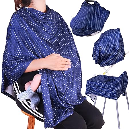 DSYJ Nursing Covers for Breastfeeding Poncho Cover, Soft & Breathable Fabric, 360° Full Privacy Universal Fit Multi Use 8-in-1 for Baby Car Seat Cocoon Feeding Canopy Blue