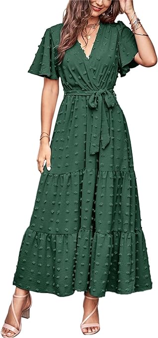 MASCOMODA Womens Boho Swiss Dot Maxi Dresses Wrap V Neck Flutter Short Sleeve Solid Tie Belt A Line Tiered Flowy Long Dresses