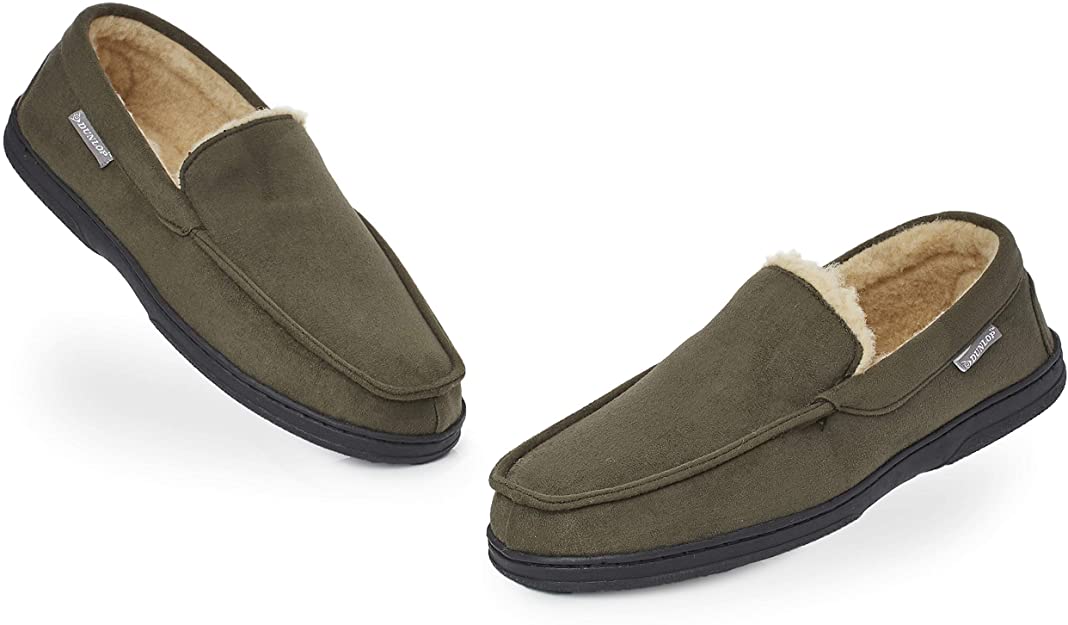 Dunlop Moccasins Slippers Men | Moccasin Loafers Faux Sheepskin Slippers with Rubber Sole - Memory Foam Plush House Slippers - Breathable Indoor Outdoor Shoes - Gifts for Men