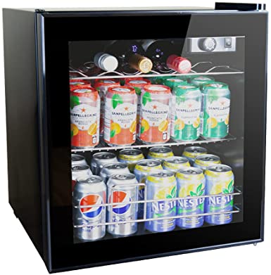 60 Can Wine and Beverage Refrigerator Cooler - Mini Fridge with Reversible Clear Front Glass Door and Thermostat, LED light for Beer Soda Drink Machine for Home, Office or Bar, 1.6cu.ft