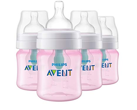 Philips Avent Anti-colic Baby Bottle with AirFree vent, Pink, SCF401/44, 4 Oz, 4 Count