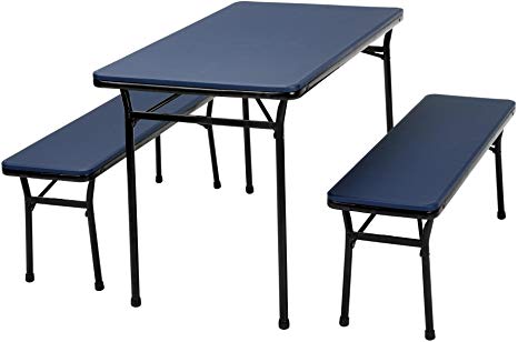 Cosco Products 37334RBK1E 3 Piece Indoor/Outdoor Center Fold Table and 2 Chairs Tailgate Set, Dark Blue, Black Frame