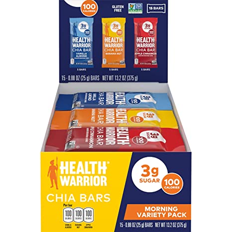 Health Warrior Chia Bars, Breakfast Variety Pack, Gluten Free, Vegan, 25g Bars, 15 Count