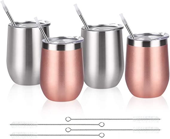 4 Pack 12Oz Stainless Steel Stemless Wine Glasses, Set of 4 Insulated Wine Tumblers with Lids and Straws, Stainless Steel Cups for Wine, Champaign, Cocktail, Coffee, Ice Cream (Silver, Rose Gold)
